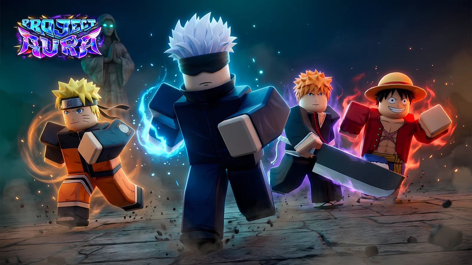 Project: Aura key art — four heroes charging