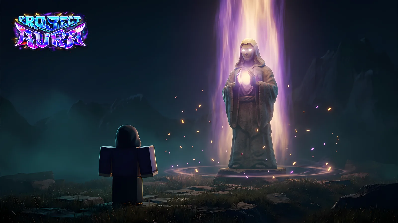Project: Aura key art — a hooded avatar before the awakening statue