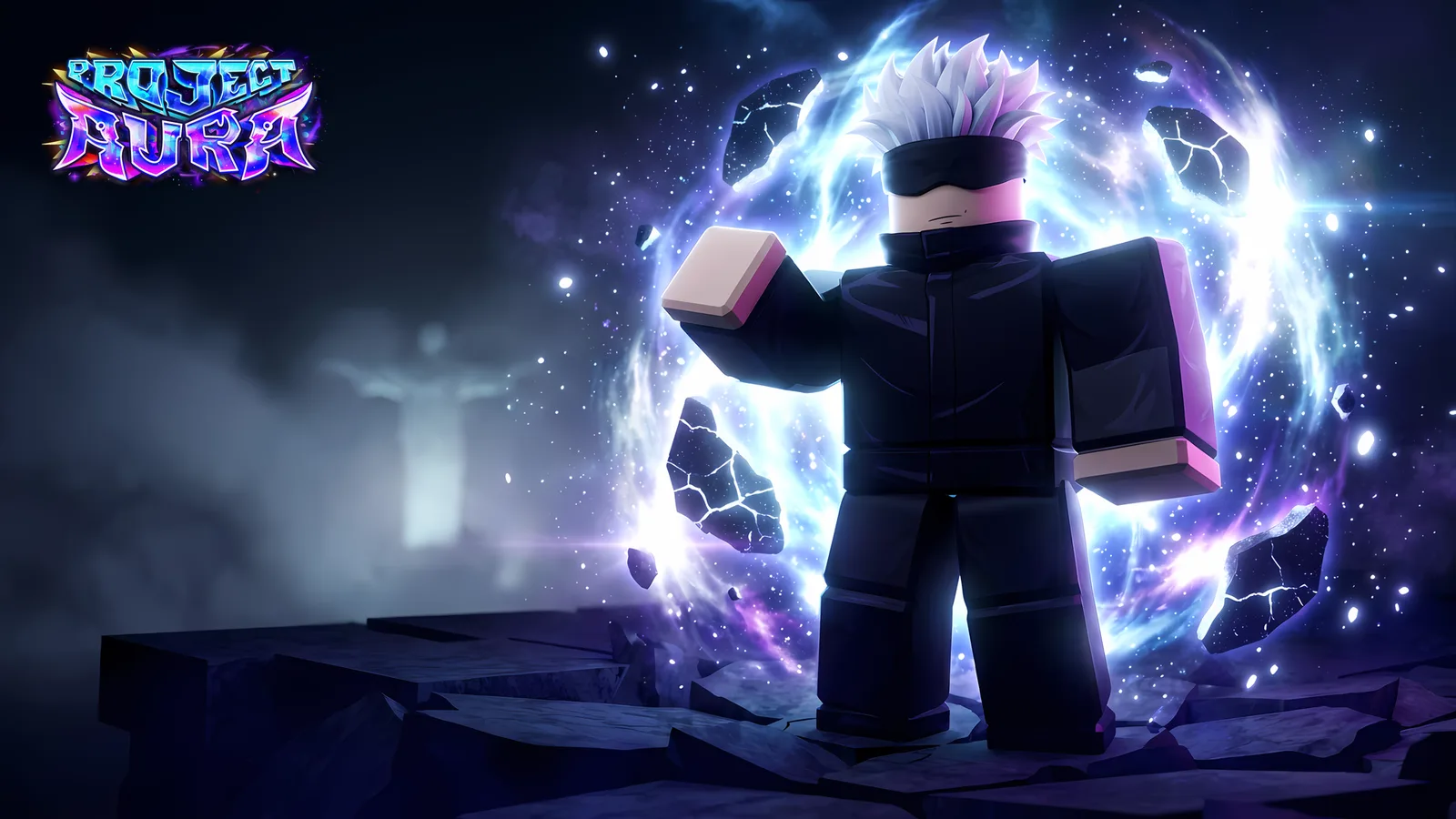 Project: Aura key art — the Blindfolded Sorcerer in a blue-white aura